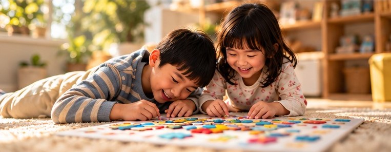 一男一女兩個孩子趴在地毯上一起玩彩色拼圖遊戲