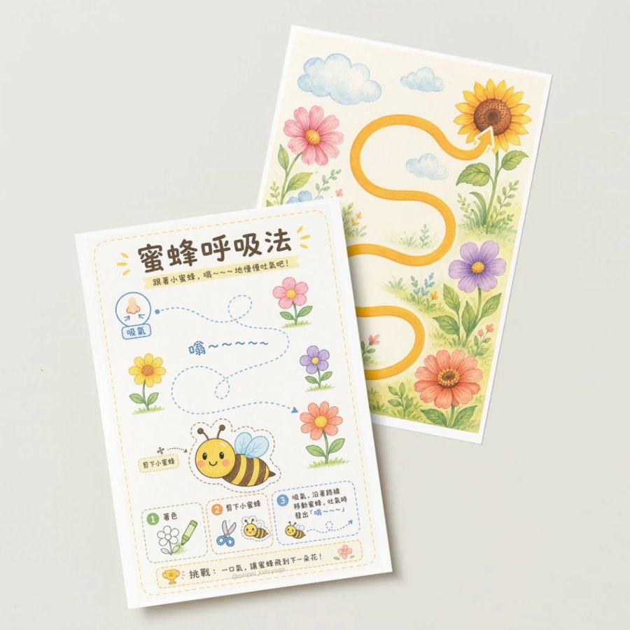 兒童呼吸法練習教材:小蜜蜂、小船、小刺蝟的插畫呼吸路徑
