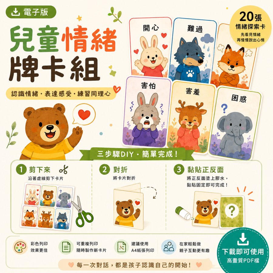 情緒小偵探｜兒童情緒牌卡組（升級版）＋A4 海報＋引導指南